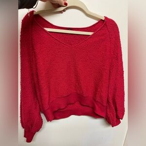 Free People Cherry Red Boucle Balloon-Sleeve Boho Pullover